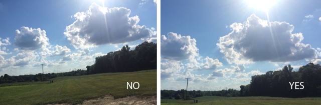 A crooked image of a field under a blue sky, and an image with more of the sky featured, and a straight horizon.